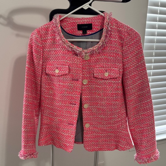J. Crew Jackets & Blazers - J. Crew Pink Tweed Fringed Collar Jacket